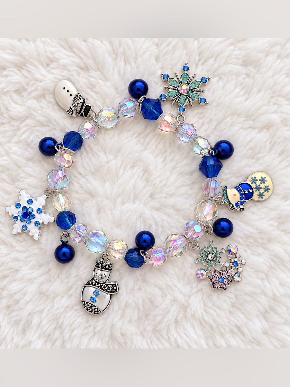 Christmas Snowman Snowflake Beaded Stretch Bracelet Blue Silver Holiday